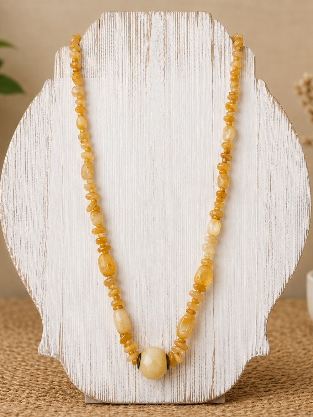 Vintage Natural Stone Beaded Necklace Cream Honey Quartz Boho Tribal Statement